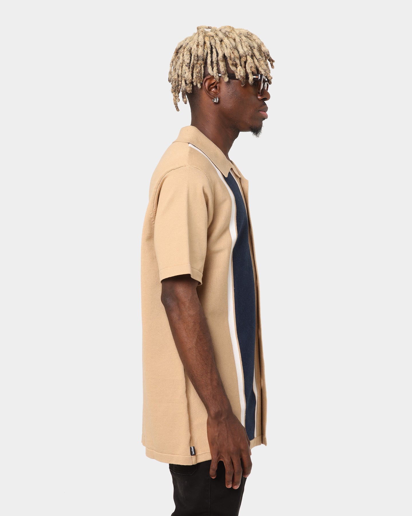 Last Kings Chain Stripe Knit Button Up Sand/Navy