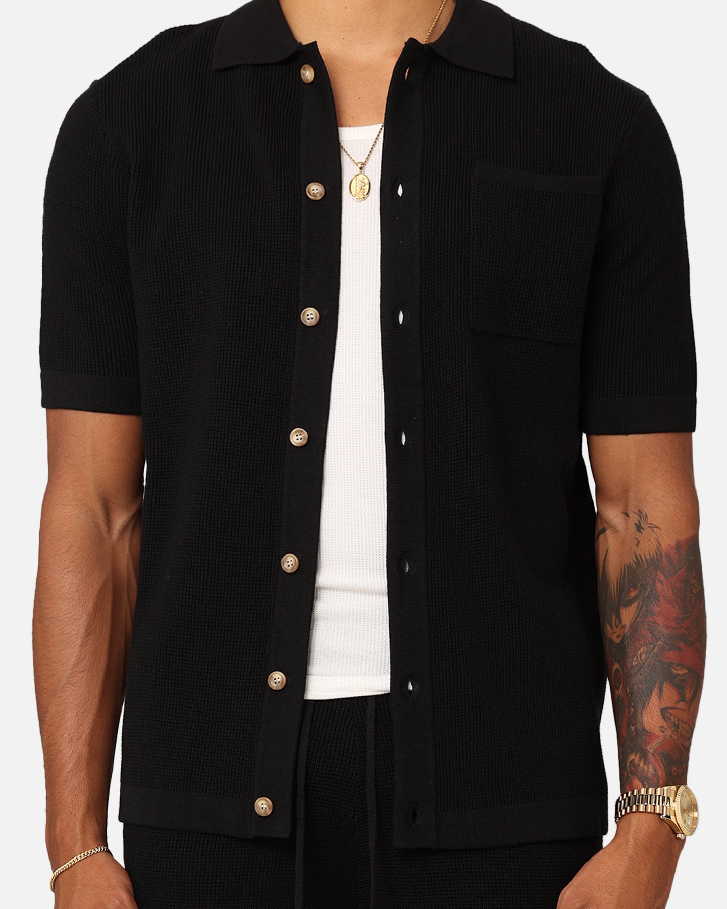 XXIII Zyair Knit Rib Button Up Shirt Black