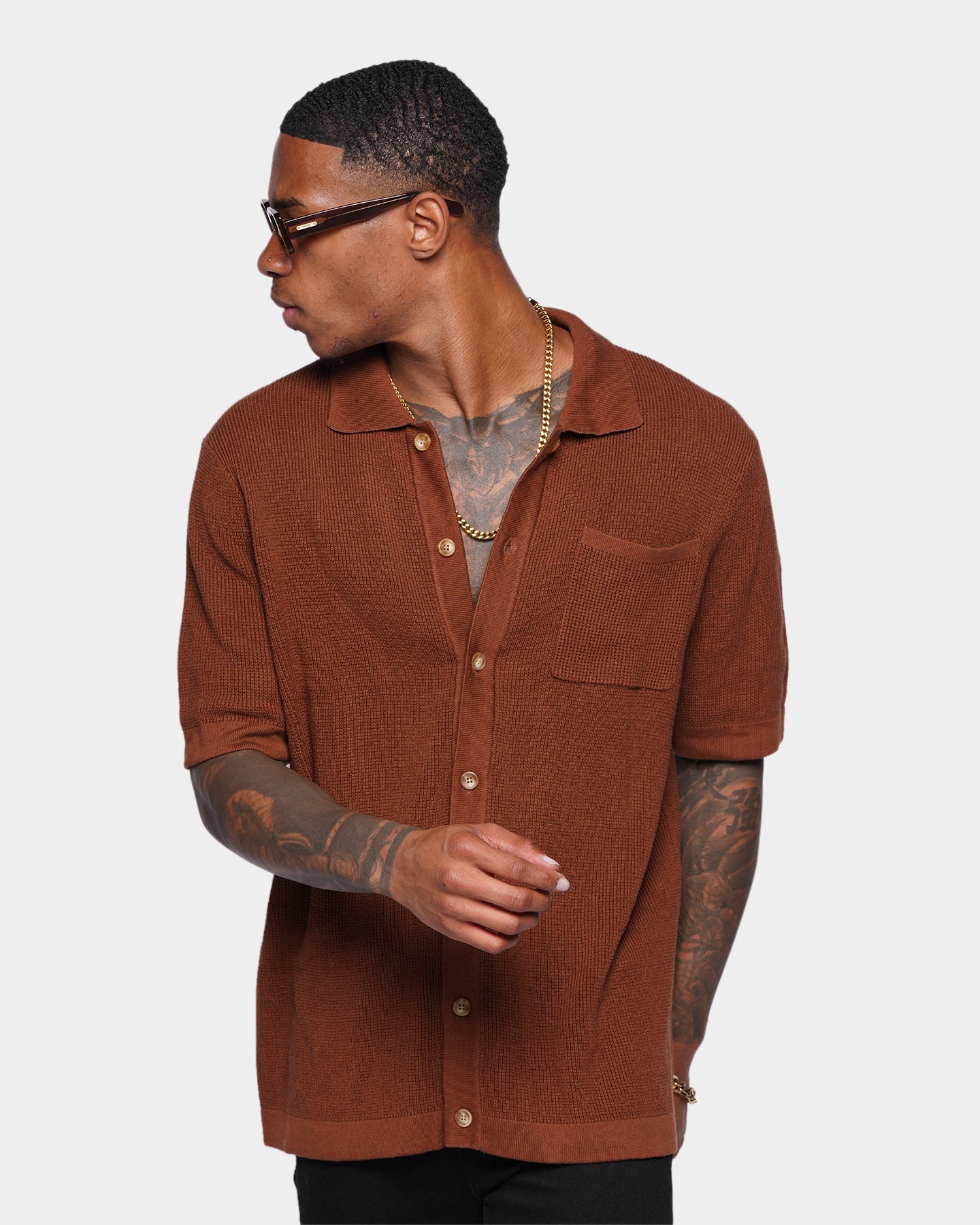 XXIII Zyair Knit Rib Button Up Shirt Brown