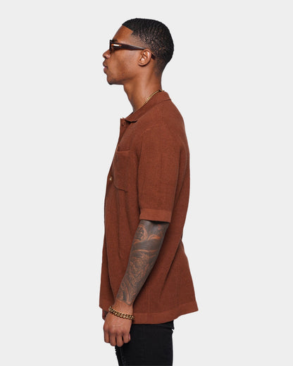 XXIII Zyair Knit Rib Button Up Shirt Brown