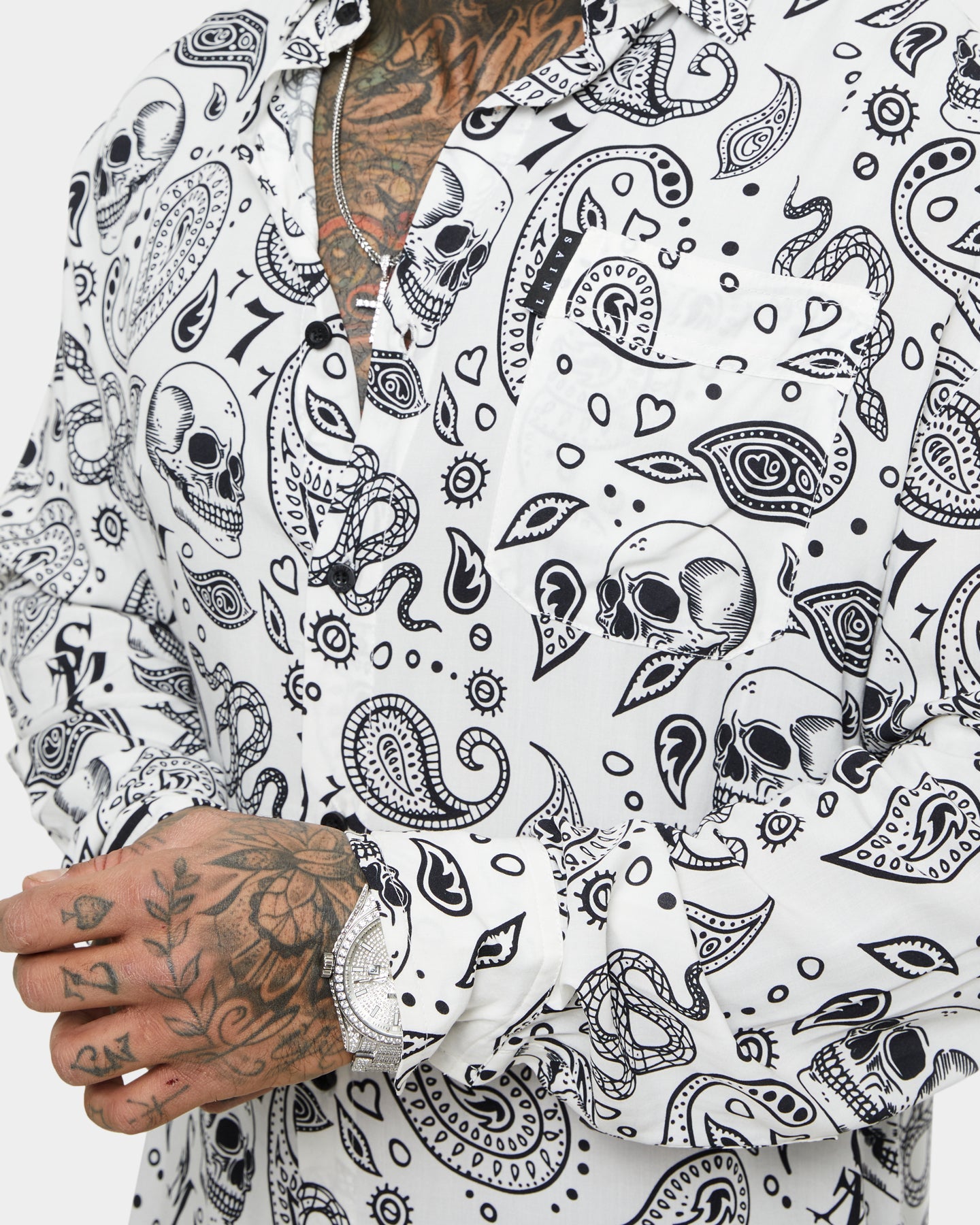 Saint Morta Paisley Skulls Long Sleeve Button Up Shirt White/Black