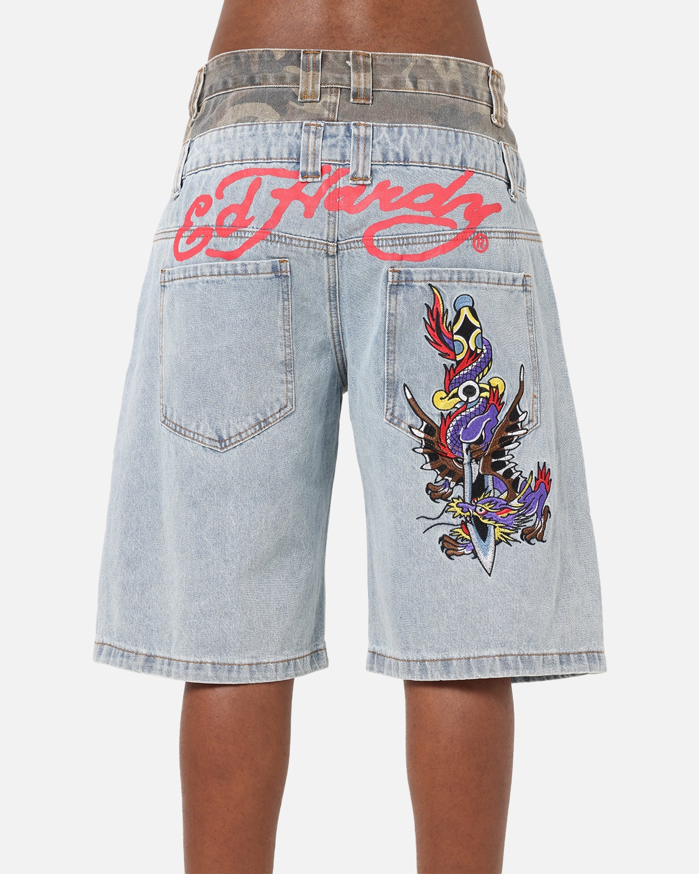 Ed Hardy Double Waist Camo Jorts Mid Blue Denim
