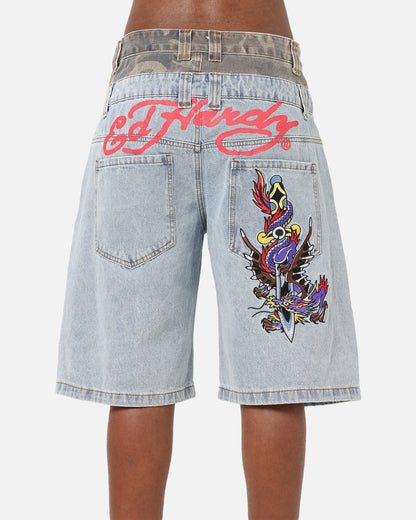 Ed Hardy Double Waist Camo Jorts Mid Blue Denim